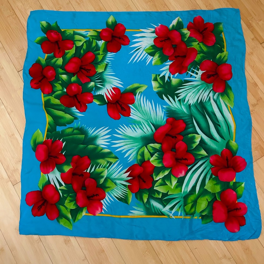 Oscar de la Renta Turquoise Scarf with Red Floral Print